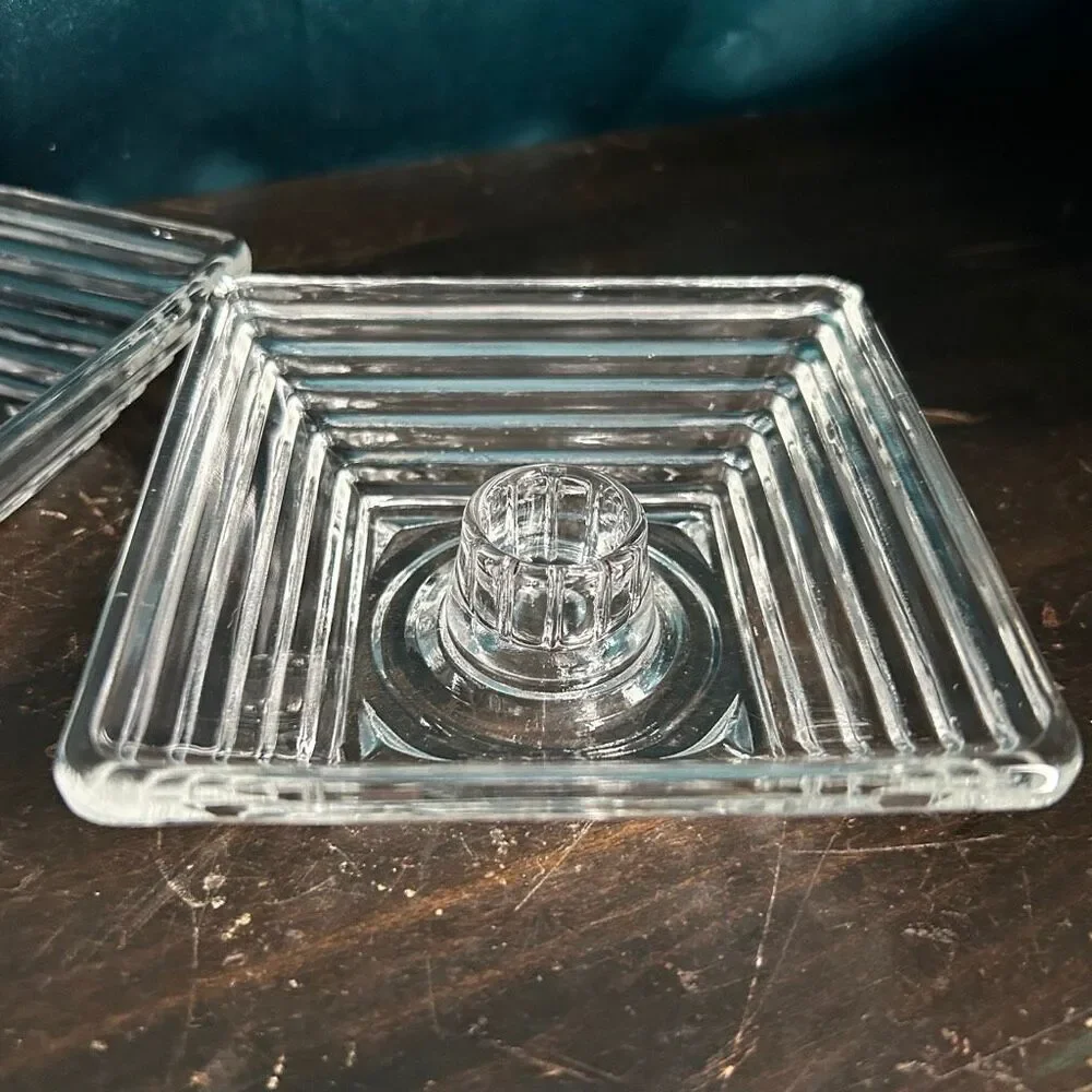 2 Vintage Art Deco Anchor Hocking Clear Manhattan Square Candleholder